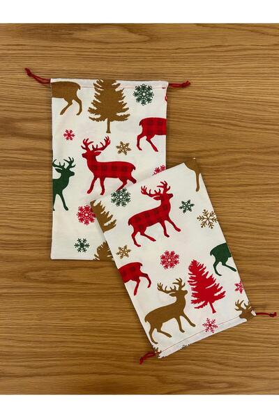 Poros Store Hediye Paketi 20x30cm Yılbaşı Geyik Desenli Hediye Kesesi Kumaş