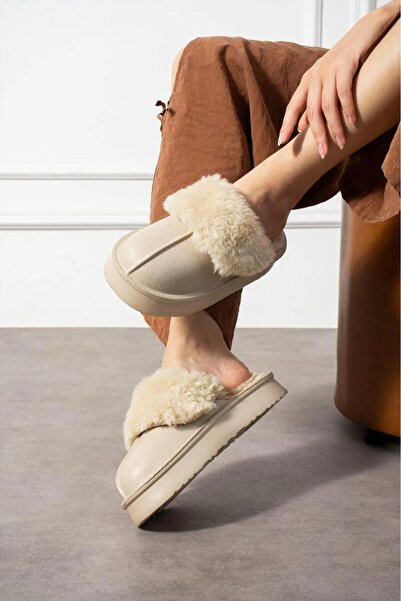 Best Cover Kadın Bej Çıkarılabilir Peluşlu Rahat Taban Kaymaz Sıcak Tutarlı Günlük Kışlık Terlik