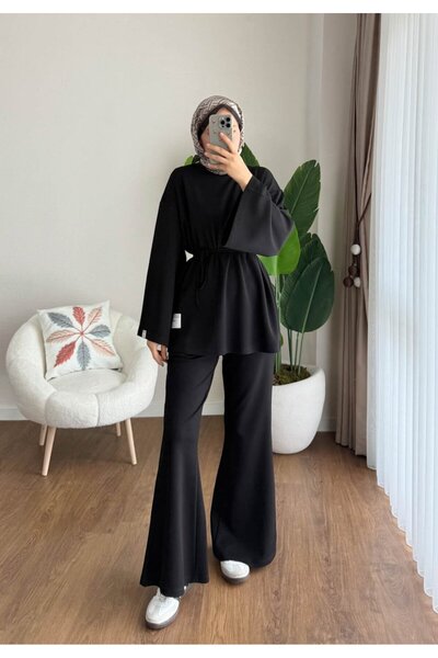 RFK Butik طقم نسائي مكون من قطعتين بتصميم بنطلون واسع الساق على الطراز الإسباني - أسود