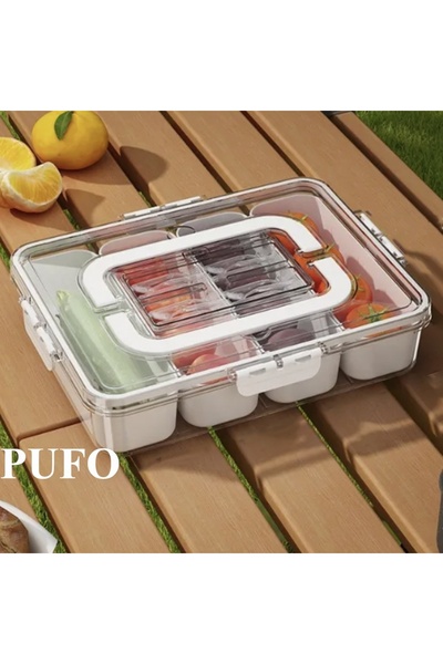 PUFO Food storage box for the refrigerator with airtight lid and 4 removable compartments, 32 x 25 cm