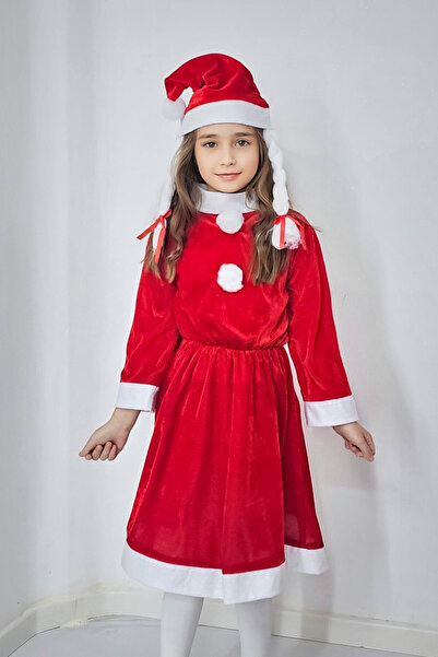 FashionForYou Set rochie de Crăciun din catifea Missy Claus, cu pălărie și codițe, mărimea 3-5 ani