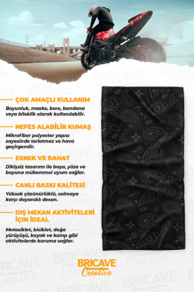 Bricave Siyah Paisley Desenli Motosiklet Bandana Boyunluk Maske
