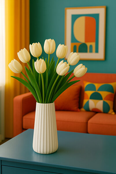 OGWANTO 1 adet Islak Dokulu Yapay Lale – Kırık Beyaz