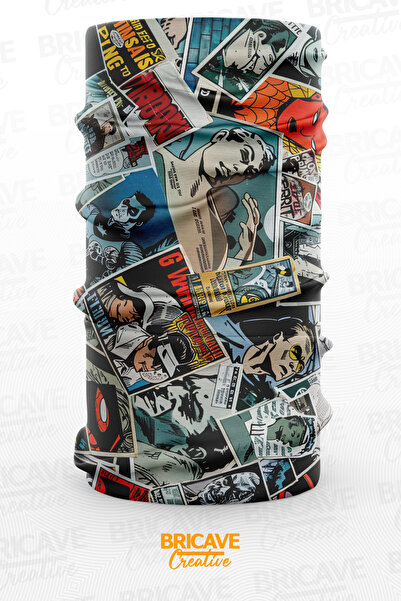 Bricave Vintage Çizgi Roman Kolaj Desenli Motosiklet Bandana Boyunluk Maske