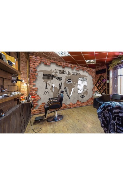 poster marketi Harita Desenli Berber Duvar Kağıdı - Global Barber Shop Teması