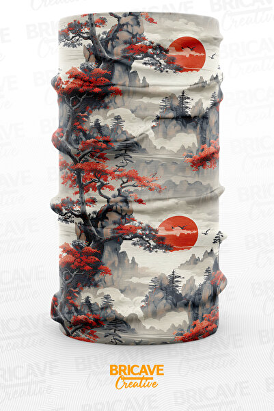 Bricave Japon Gün Batımı Desenli Motosiklet Bandana Boyunluk Maske