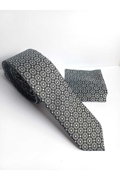 Kravatistan Black Patterned Thin Tie and Handkerchief Set