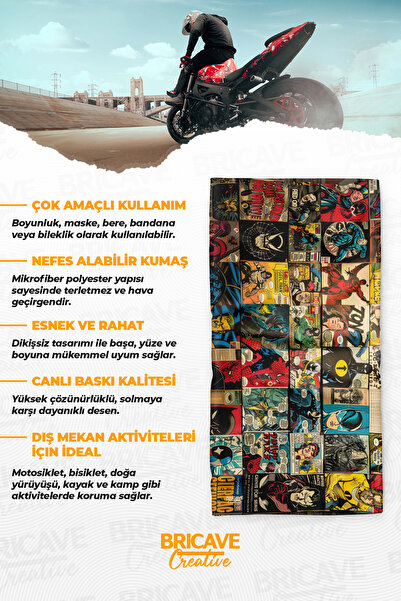 Bricave Retro Karakterli Çizgi Roman Desenli Motosiklet Bandana Boyunluk Maske