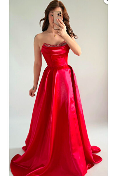 Larenmoda Önü boncuklu organze kumaş prenses abiye