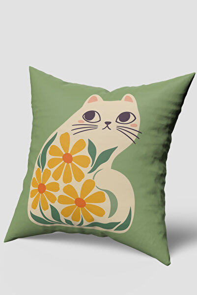 EsnafAli غطاء وسادة منقوش عليه قطة لطيفة من كريم بوتانيك باللون الأخضر