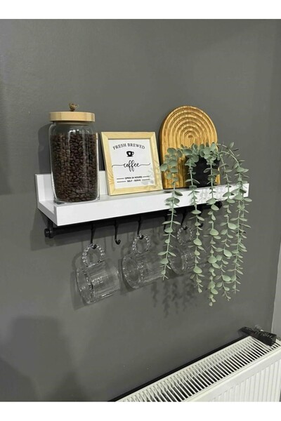 CFA DEKOR Modern Tasarımlı Kahve Köşesi Rafı Tek ve (6'lı Demir Fincan Askılığı) 70x16 Ölçülerinde