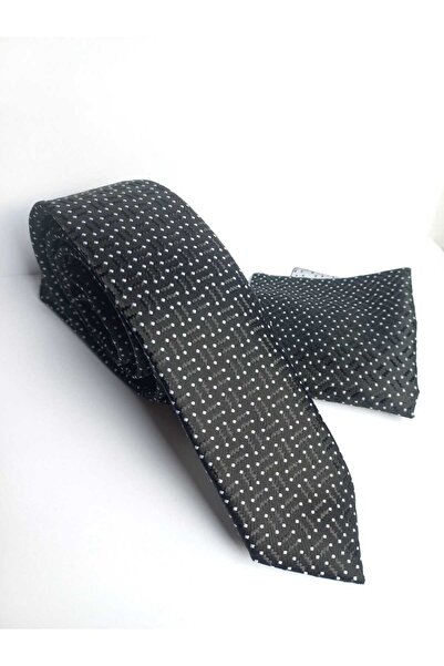 Kravatistan Black Patterned Thin Tie and Handkerchief Set