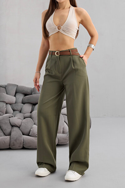 BİKELİFE Kadın Yüksek Bel Kemer Detaylı Beli Lastikli Salaş Palazzo Kumaş Pantolon