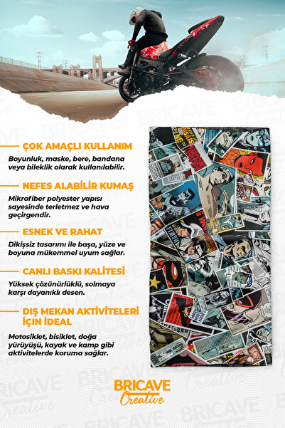 Bricave Vintage Çizgi Roman Kolaj Desenli Motosiklet Bandana Boyunluk Maske