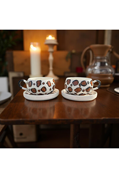 Çiporcal Beren Leopard Mug Set with 2 Plates, Hand-Decorated