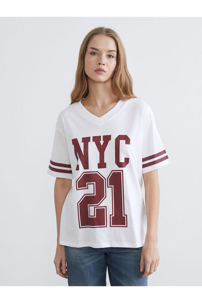 LC Waikiki White V-Neck Printed Oversize Women's T-Shirt