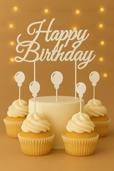 Atolye Doruk White Balloons Birthday Cake Decoration Set - Happy Birthday Cake Lettering - Balloon Cupcake Picks