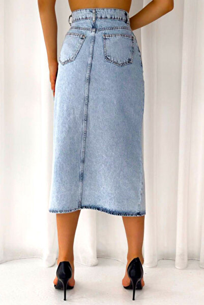 FashionForYou Denim skirt, Kasy, with front/back pockets and side slit, Light blue, XS