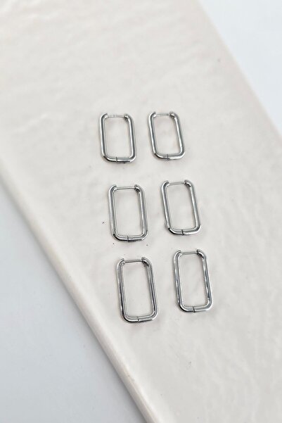 By Zeyna Aksesuar Women's 316 L Stainless Steel Anti Allergenic 3 Sizes 6-Piece Rectangular Geometric Earring Set