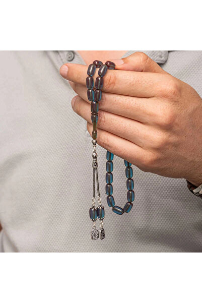 ÇETSTORE Silver Tasseled Capsule Cut Squeezing Amber Rosary