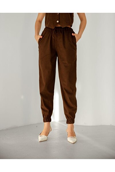 EsSo butik Women's Corduroy Pocketed Elastic Waist Jogger Pants