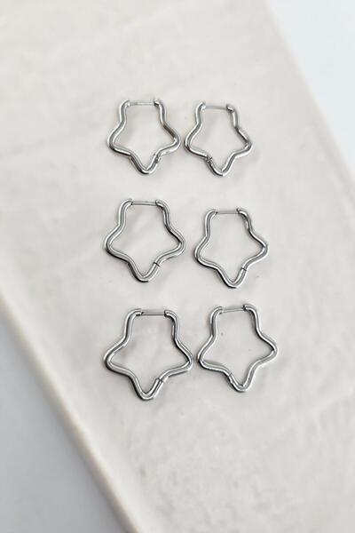 By Zeyna Aksesuar Women's 316 L Stainless Steel Anti Allergenic 3 Sizes 6-Piece Star Model Geometric Earring Set