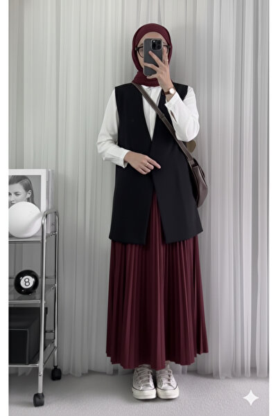 Blue Morpho Leather Look Elastic Waist Long Pleated Skirt