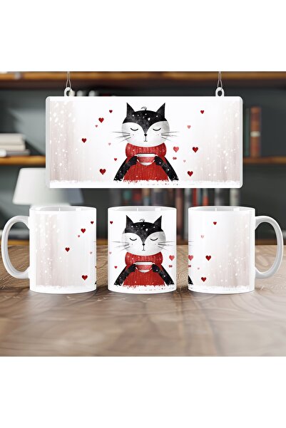 Beramussa Love Cat Figured Mug - Cat Design with Red Sweater and Heart Detail...