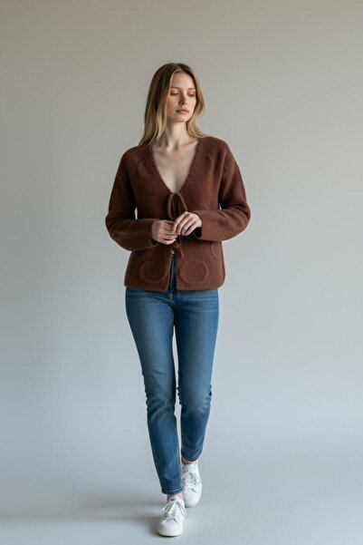 trivvy Women's Bearded Embossed Patterned Front Tie Cardigan Jacket