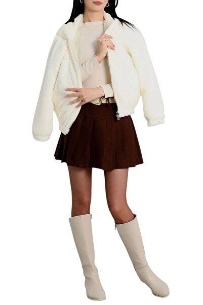 ysrozrgyim Women's Ecru Rabbit Fur Look Coat