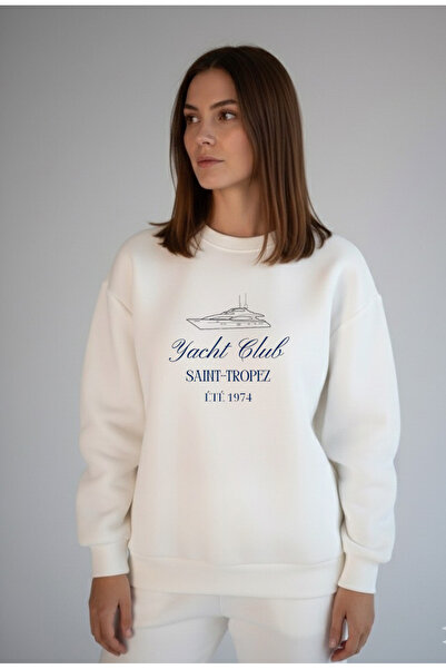 LORVEX Яхт клуб Оверсайз унисекс памучна бяла суитшърт