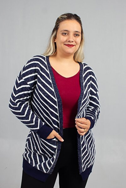 Truva XXL Timeless Style: Navy Blue Striped'Bearded' Knitwear Cardigan Models