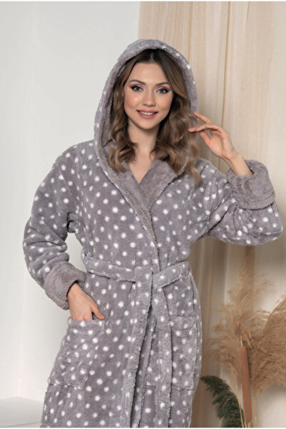 BlackWay Kadın Kapüşonlu Uzun Pelüş Sabahlık/ Bornoz