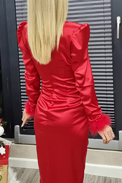 FashionForYou Marinea satin dress, deep neckline,ample gathers, and puff sleeves with puff cuffs,S/M,