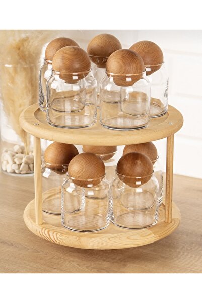magical dreams Wooden Ball Lid Glass Jar Spice Rack Set with Stand (10 Spoons and 28 Labels as a Gift)