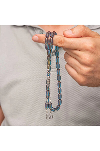ÇETSTORE Silver Tasseled Capsule Cut Squeezing Amber Rosary