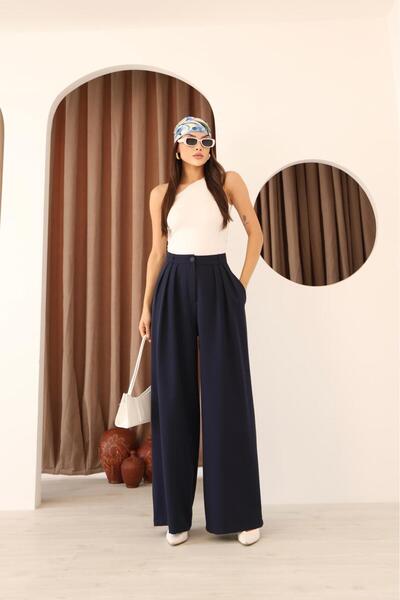 Leo Ferre Pantaloni largi cu trei pliuri, albastru bleumarin pentru femei pan...