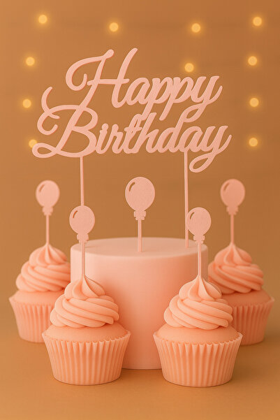 Atolye Doruk Pink Balloons Birthday Cake Decoration Set - Happy Birthday Cake Lettering - Balloon Cupcake Picks