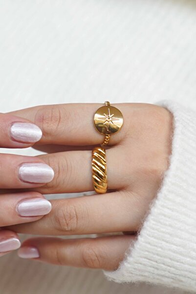 TREND COLLECTİON Women's Gold Color Adjustable Compass and Auger 2-Piece Stee...