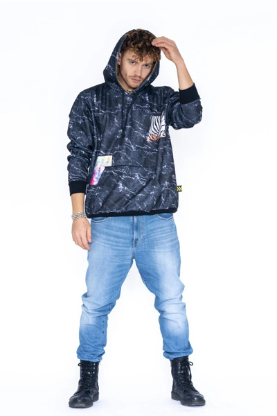 Nani Collection Siyah Yıldırım Desenli Erkek Oversize Sweatshirt (XL)