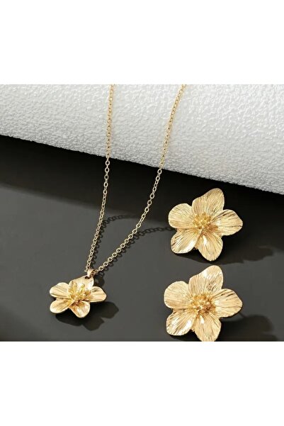 monalisatoka Kadın Gold Çiçek Küpe Kolye Seti
