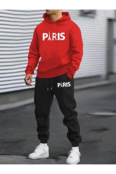 zeag طقم رياضي رجالي أسود بطباعة باريس مع قلنسوة