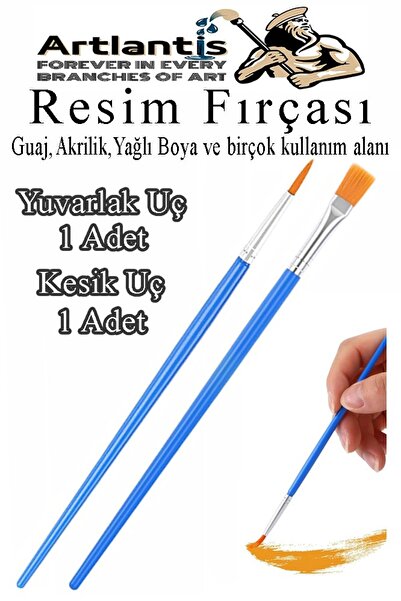 Artlantis Resim Fırçası Kesik ve Yuvarlak Uçlu 2 Adet Sentetik Fırça Ekonomik Suluboya Akrilik Boya Guaj Boya