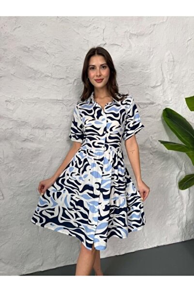 VALENCIOR Printed Linen Dress - Navy Blue
