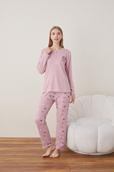 lindros Set de pijamale de iarnă din bumbac pentru femei, cu guler cu nasturi...