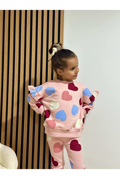 Magu Kız Çocuk Pamuklu Pudra Kalpli Sweatshirt ve Tayt Takım - Fırfır Omuz Detaylı