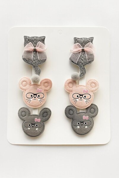 Magu Girl's Cotton Bow Hair Clip Set with Cat and Mouse Figures – 6-Piece Cute Hair Accessories