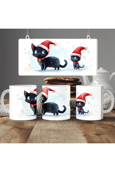 Beramussa كوب على شكل قطة سوداء بطابع السنة الجديدة - تصميم لطيف مع قبعة عيد ...