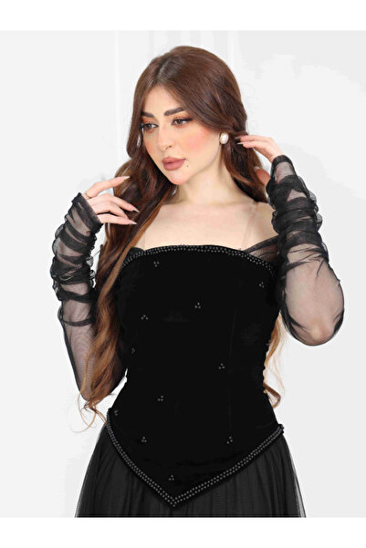 Nice Model Black Velvet Tulle Evening Dress Off Shoulder Long Sleeve Formal Gown Stone Embellished Elegant