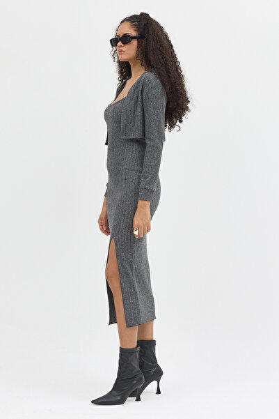 Eco Sense Long Slit Gray Dress and Crop Bolero Set - Stylish & Modern Fall Winter Combination
